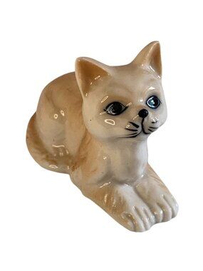 Vintage Tan Cat Kitten with Blue Eyes Bone China figure